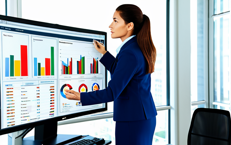 클라우드 서비스 제공업체의 고객 사례 연구 - **Prompt:** A professional businesswoman in a modest business suit, analyzing website traffic data o...