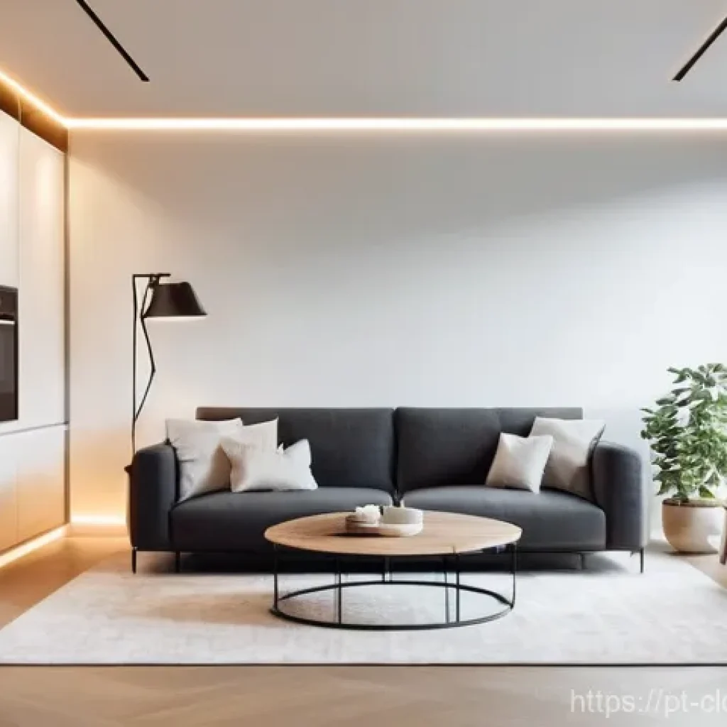 클라우드 서비스와 IoT의 융합 사례 - **Prompt:** "A futuristic, minimalist home interior bathed in soft, natural light. Various Internet ...