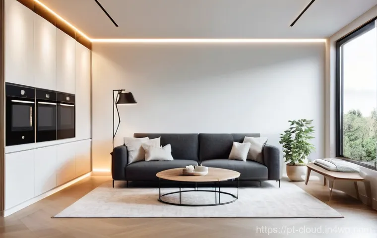 클라우드 서비스와 IoT의 융합 사례 - **Prompt:** "A futuristic, minimalist home interior bathed in soft, natural light. Various Internet ...
