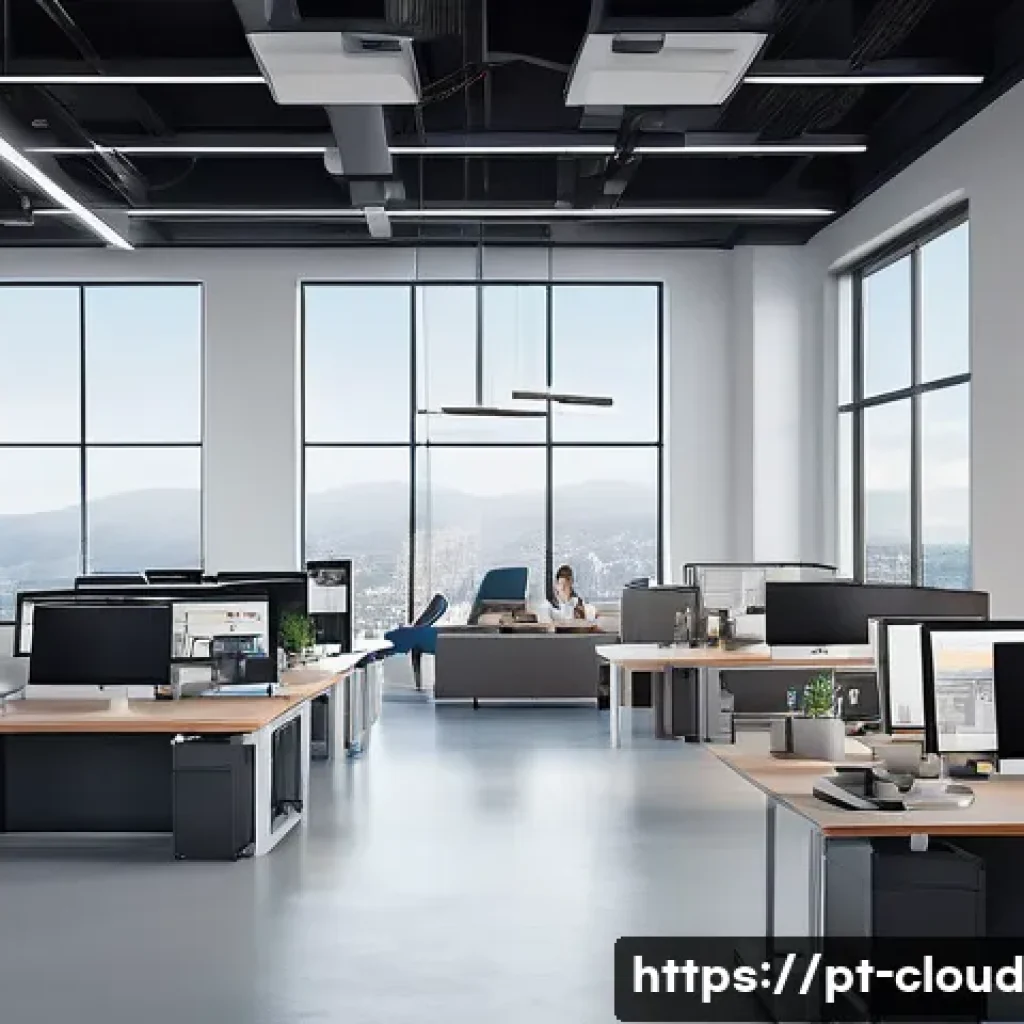 클라우드 서비스와 비즈니스 연속성 계획 - A modern office environment showcasing a diverse team of professionals working remotely via cloud te...
