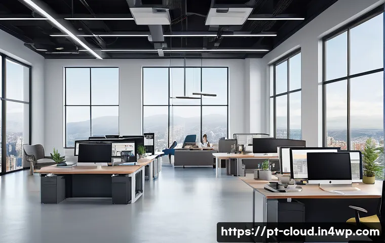 클라우드 서비스와 비즈니스 연속성 계획 - A modern office environment showcasing a diverse team of professionals working remotely via cloud te...