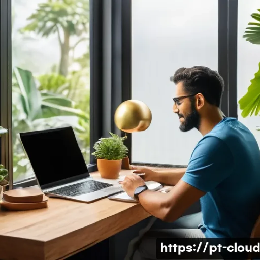 클라우드 컴퓨팅과 모바일 활용 사례 - A modern Brazilian professional working remotely in a cozy home office with a laptop and smartphone,...