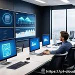 Home 22 클라우드 서비스의 사용자 맞춤형 옵션 평가 - A modern office environment featuring a diverse team of professionals collaborating around multiple ...