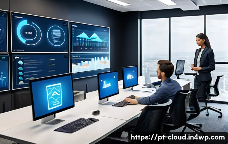 클라우드 서비스의 사용자 맞춤형 옵션 평가 - A modern office environment featuring a diverse team of professionals collaborating around multiple ...