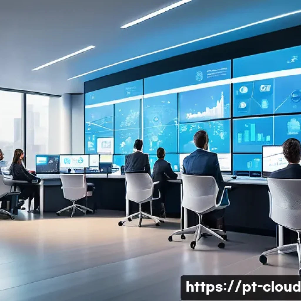 클라우드 서비스의 국제 규제 이해하기 - A modern corporate office environment showing a diverse team of professionals collaborating on cloud...