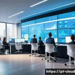 Home 21 클라우드 서비스의 국제 규제 이해하기 - A modern corporate office environment showing a diverse team of professionals collaborating on cloud...