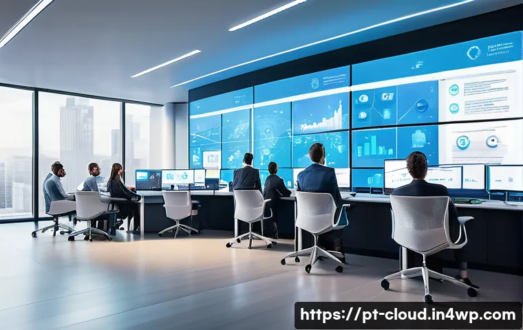클라우드 서비스의 국제 규제 이해하기 - A modern corporate office environment showing a diverse team of professionals collaborating on cloud...