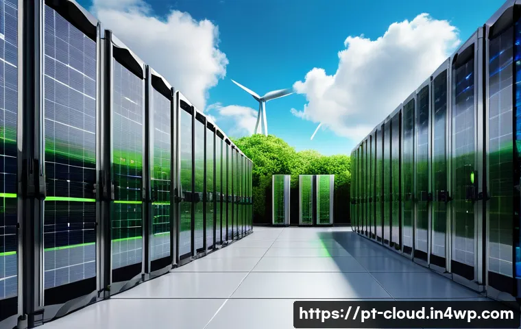 클라우드 서비스 제공업체의 혁신 사례 - A futuristic cloud computing data center powered by renewable energy sources like solar panels and w...