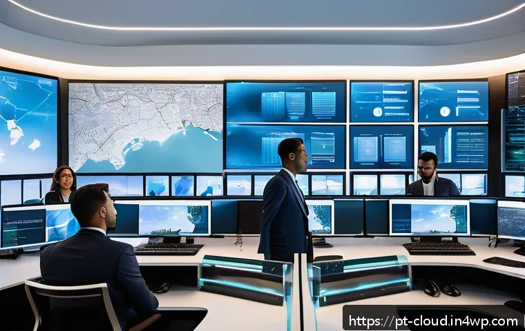 클라우드 컴퓨팅 최신 트렌드 2023 - A futuristic cloud computing control room filled with diverse professionals from Brazil, interacting...